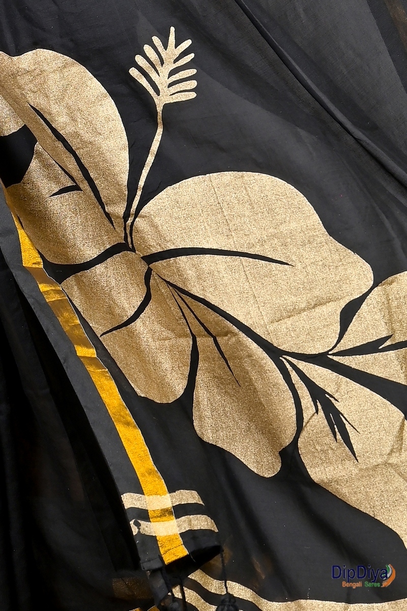 Black Cotton Blended Soura Printed Handloom Saree (603)